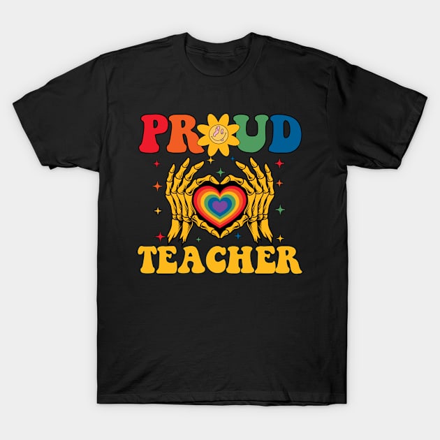 Rainbow Skeleton Heart Proud Teacher LGBT Gay Lesbian Pride T-Shirt by Vixel Art